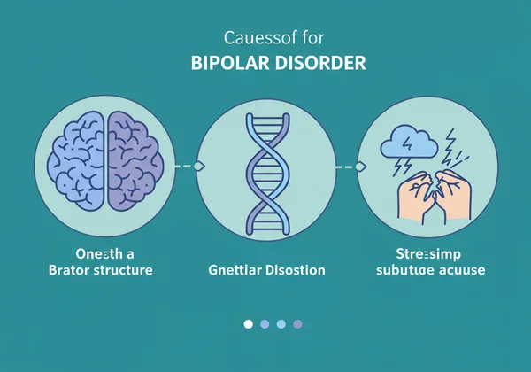Illustrates brain, genetics, and environment factors causing bipolar disorder