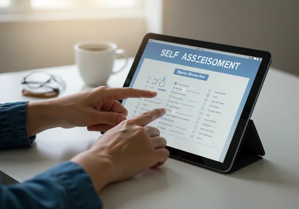 A user taking a digital bipolar self-assessment on a tablet or laptop