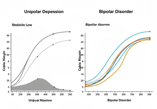 Graphic comparing unipolar depression to bipolar mood cycles