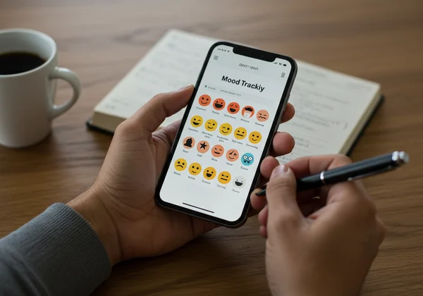 Seseorang menjejak mood dan simptom dalam jurnal atau aplikasi.