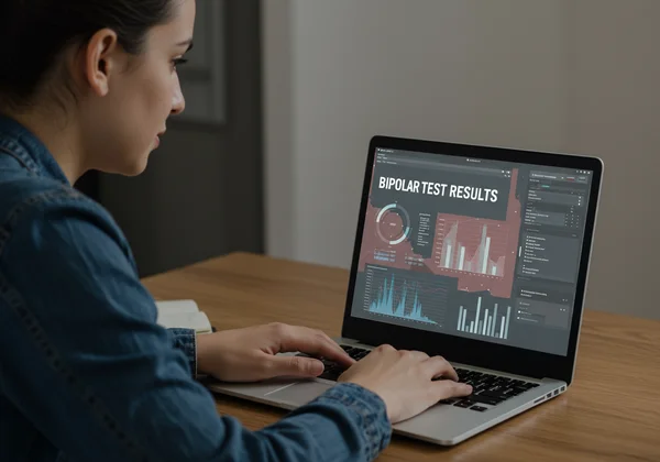Seseorang melihat keputusan ujian bipolar dalam talian dengan ekspresi berfikir.