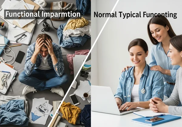 Perbandingan kehidupan terganggu berbanding rutin harian berfungsi.