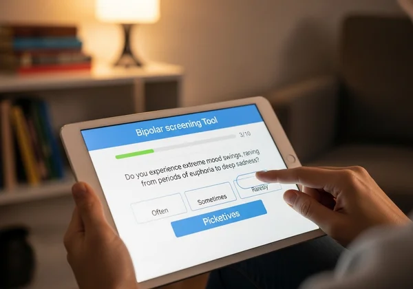 Seseorang menggunakan alat saringan bipolar dalam talian pada tablet.