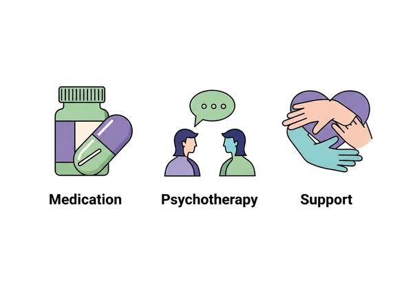 Icons for medication, therapy, and support for bipolar