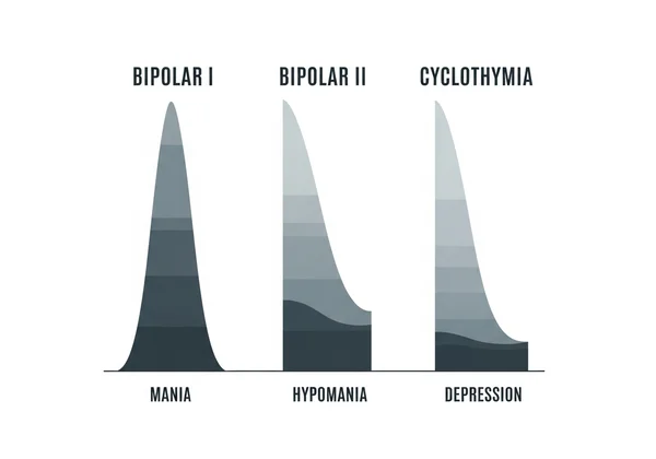 Chart comparing Bipolar 1, Bipolar 2, and Cyclothymia