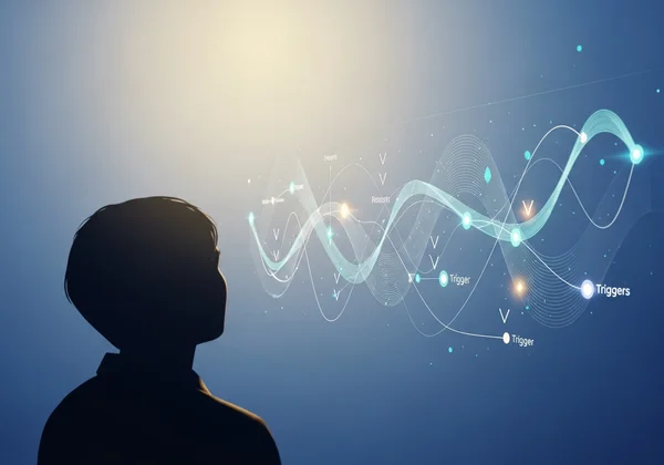 A stylized person achieving clarity about their mood patterns via AI insights